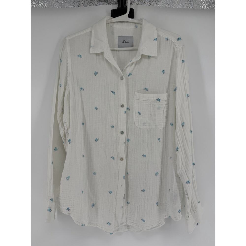 Rails Top Womens Small White Ellis Blue Buds Organic Cotton Button Down Shirt